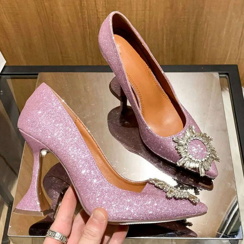 KIMLUD, High Heels Women's Crystal Diamond Buckle Sexy Shoes Pointed Shoes Stiletto Heels Womens Shoes, Flash pink(10cm) / 34, KIMLUD APPAREL - Womens Clothes