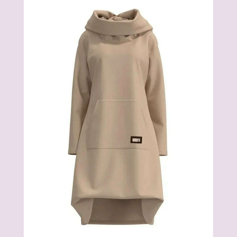 High Neck Long Sleeve Sweatshirt Casual Dress Women Autumn Winter Hoodie Fashion Loose Mini Dress Pockets - KIMLUD
