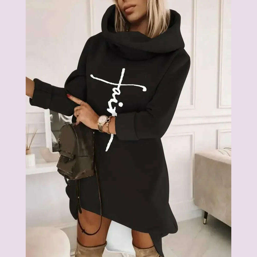 High Neck Long Sleeve Sweatshirt Casual Dress Women Autumn Winter Hoodie Fashion Loose Mini Dress Pockets - KIMLUD