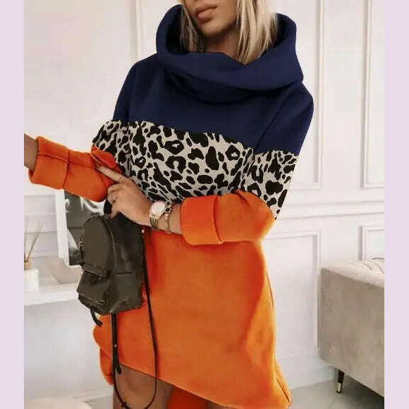 High Neck Long Sleeve Sweatshirt Casual Dress Women Autumn Winter Hoodie Fashion Loose Mini Dress Pockets - KIMLUD