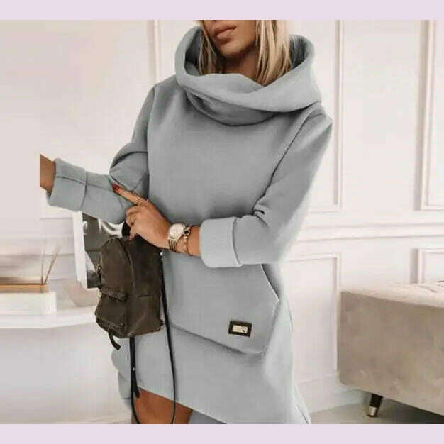 High Neck Long Sleeve Sweatshirt Casual Dress Women Autumn Winter Hoodie Fashion Loose Mini Dress Pockets - KIMLUD