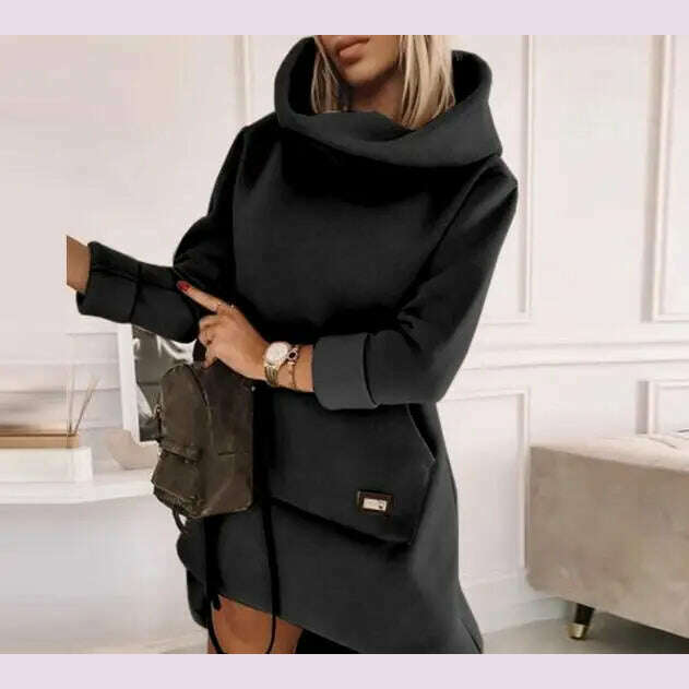 High Neck Long Sleeve Sweatshirt Casual Dress Women Autumn Winter Hoodie Fashion Loose Mini Dress Pockets - KIMLUD