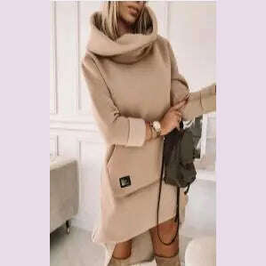 High Neck Long Sleeve Sweatshirt Casual Dress Women Autumn Winter Hoodie Fashion Loose Mini Dress Pockets - KIMLUD
