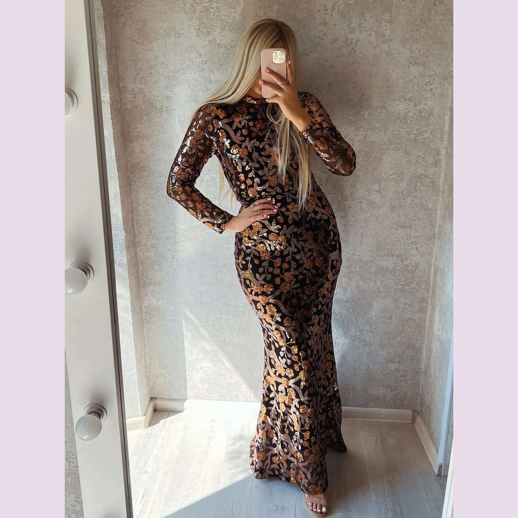 High Neck Luxury Full Sleeve Sequined Flowers Cocktail Prom Gown Bodycon Mermaid Long Celebrity Evening Party Dress Women 2024 - KIMLUD