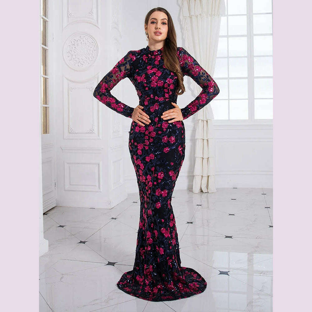 High Neck Luxury Full Sleeve Sequined Flowers Cocktail Prom Gown Bodycon Mermaid Long Celebrity Evening Party Dress Women 2024 - KIMLUD
