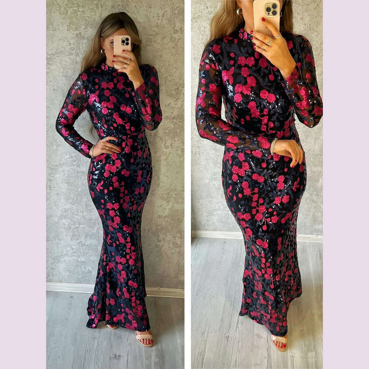 High Neck Luxury Full Sleeve Sequined Flowers Cocktail Prom Gown Bodycon Mermaid Long Celebrity Evening Party Dress Women 2024 - KIMLUD