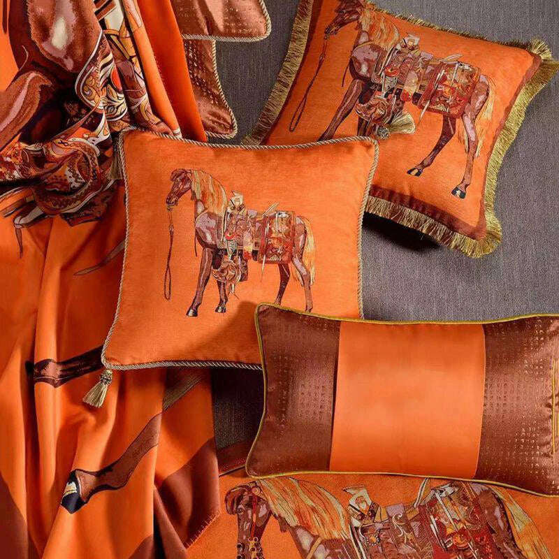 KIMLUD, High Precision Velvet Fabric Luxury Orange Horse Series Home Sofa Cushion Cover Pillowcase Without Core for Living Room Bedroom, KIMLUD Womens Clothes