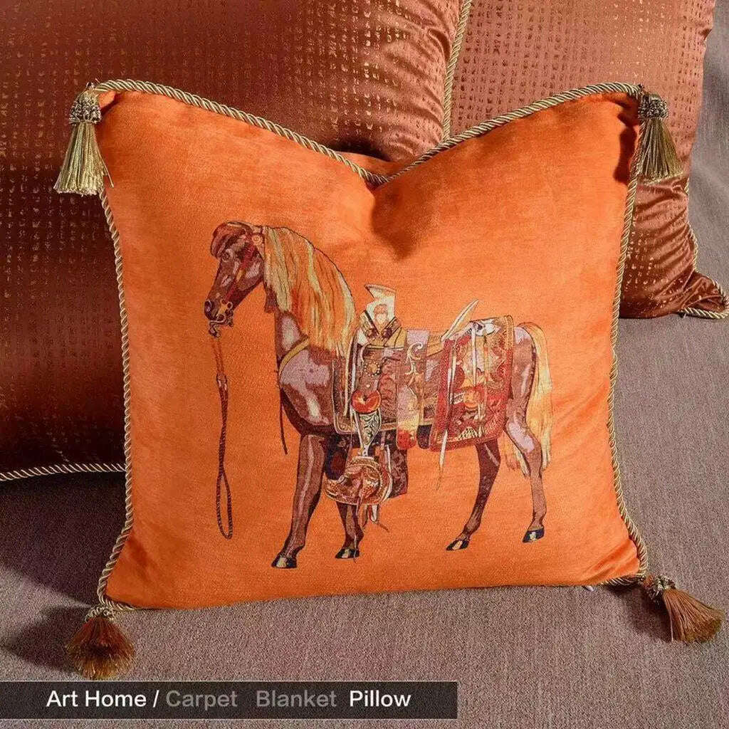 KIMLUD, High Precision Velvet Fabric Luxury Orange Horse Series Home Sofa Cushion Cover Pillowcase Without Core for Living Room Bedroom, KIMLUD Womens ClothesKIMLUD, High Precision Velvet Fabric Luxury Orange Horse Series Home Sofa Cushion Cover Pillowcase Without Core for Living Room Bedroom, 45x45cm / Chenille Art Horse, KIMLUD APPAREL - Womens Clothes