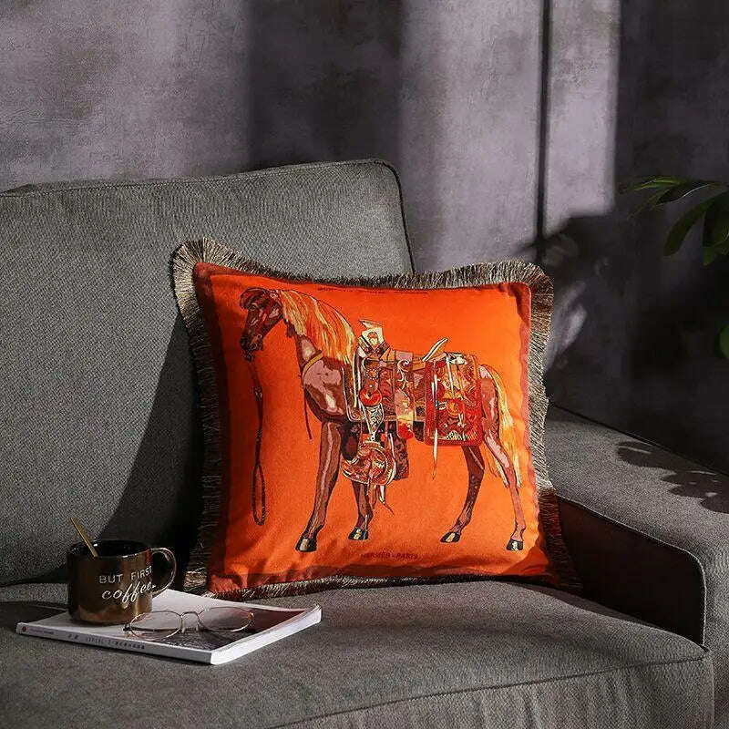 KIMLUD, High Precision Velvet Fabric Luxury Orange Horse Series Home Sofa Cushion Cover Pillowcase Without Core for Living Room Bedroom, KIMLUD Womens ClothesKIMLUD, High Precision Velvet Fabric Luxury Orange Horse Series Home Sofa Cushion Cover Pillowcase Without Core for Living Room Bedroom, 45x45cm / Velvet Horse, KIMLUD APPAREL - Womens Clothes