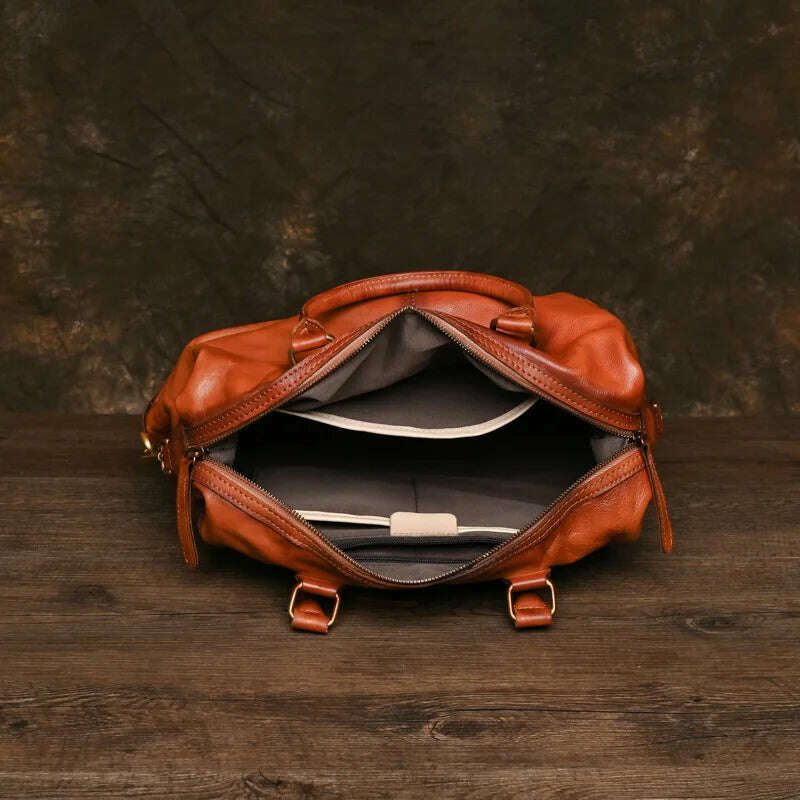 High Quality A4 Vintage Brown Coffee Full Grain Genuine Leather Women Handbag Cowhide Shoulder Messenger Bag Female Purse M022 - KIMLUD