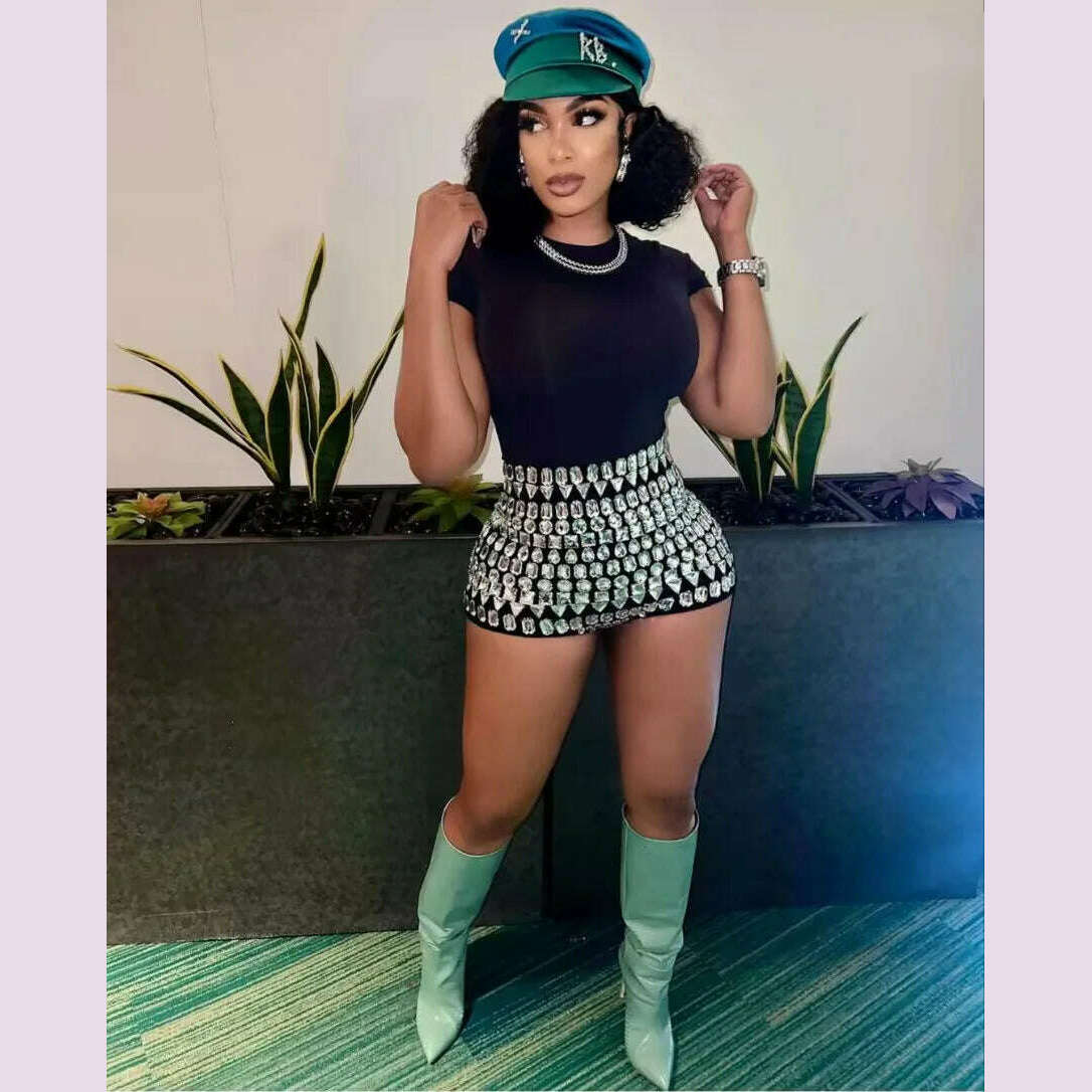 High Quality Black Color Women Sexy Big Crystal Bodycon Mini Shorts Celebrate Nightclub Party Bar Dancer Wear High Quality - KIMLUD