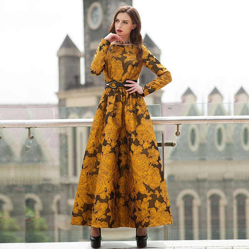 KIMLUD, High Quality Elegant Women Floral Long Sleeves Long Maxi Dress Party Gorgeou flower Boho Jacquard Vintage Dress Fall, KIMLUD Women's Clothes