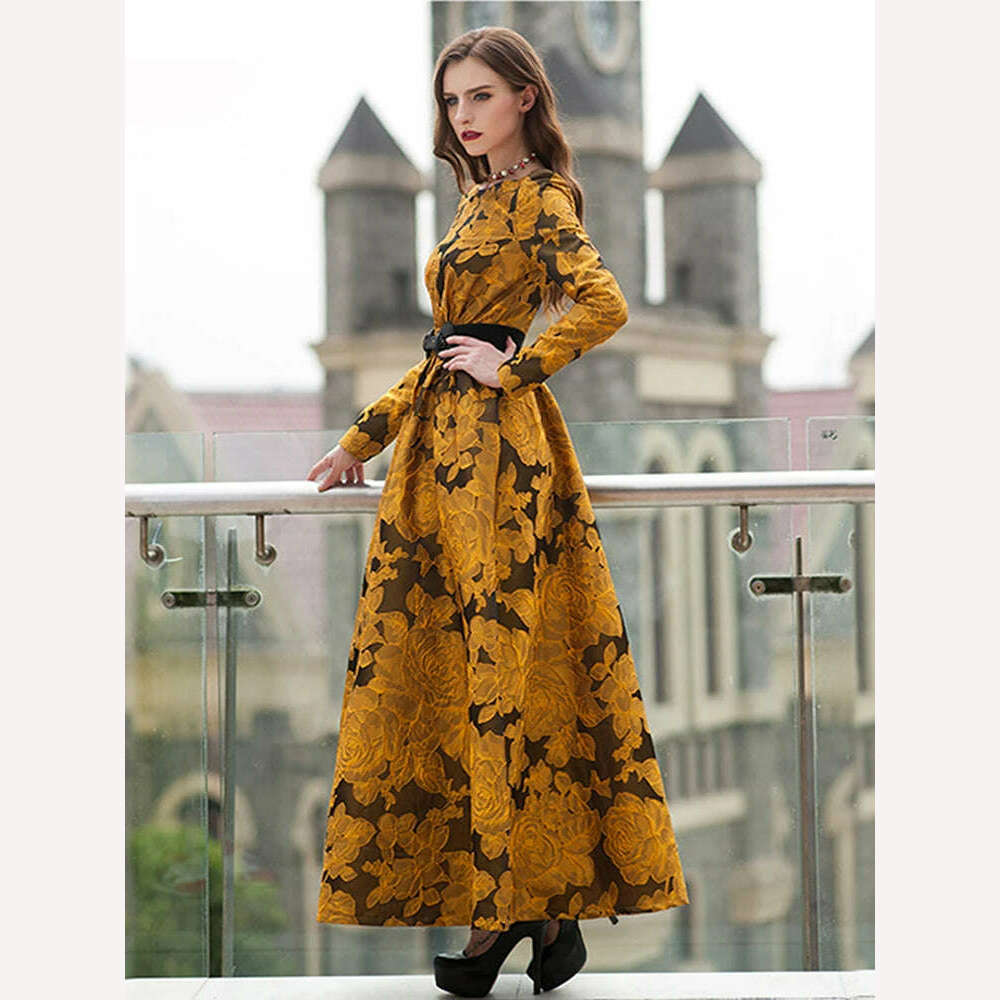 KIMLUD, High Quality Elegant Women Floral Long Sleeves Long Maxi Dress Party Gorgeou flower Boho Jacquard Vintage Dress Fall, KIMLUD Women's Clothes