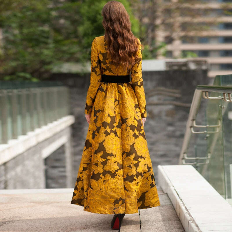 KIMLUD, High Quality Elegant Women Floral Long Sleeves Long Maxi Dress Party Gorgeou flower Boho Jacquard Vintage Dress Fall, KIMLUD Women's Clothes