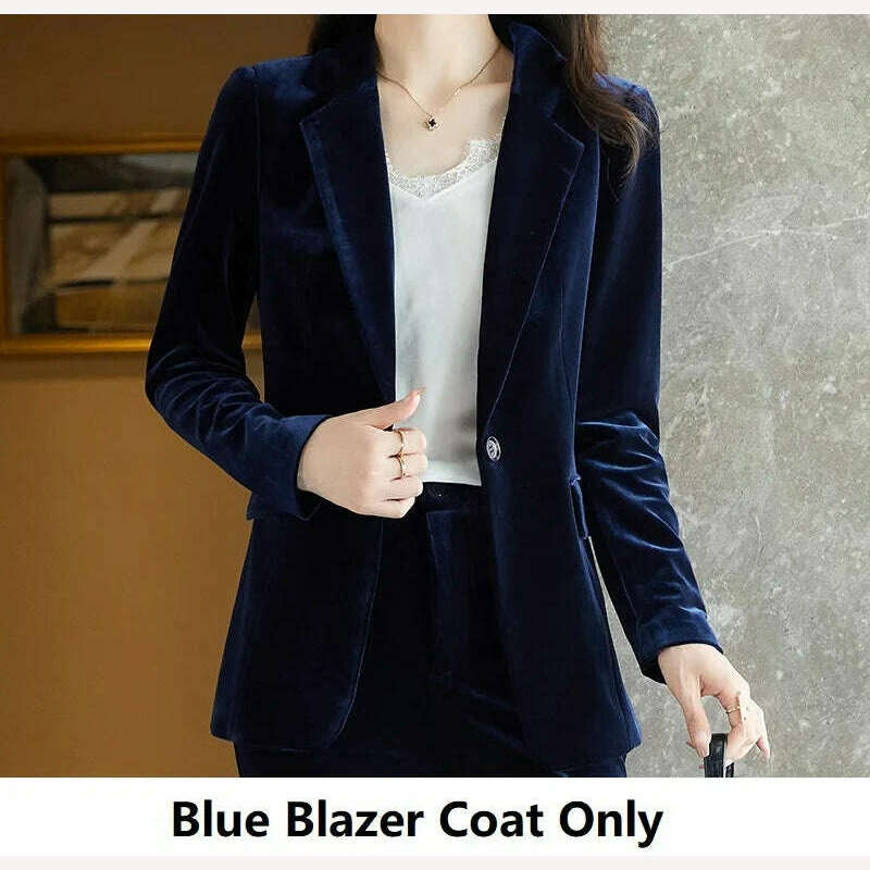 KIMLUD, High Quality Fabric Velvet Formal Women Business Suits OL Styles Professional Pantsuits Office Work Wear Autumn Winter Blazers, KIMLUD Womens ClothesKIMLUD, High Quality Fabric Velvet Formal Women Business Suits OL Styles Professional Pantsuits Office Work Wear Autumn Winter Blazers, Blue Blazer Coat / S, KIMLUD APPAREL - Womens Clothes