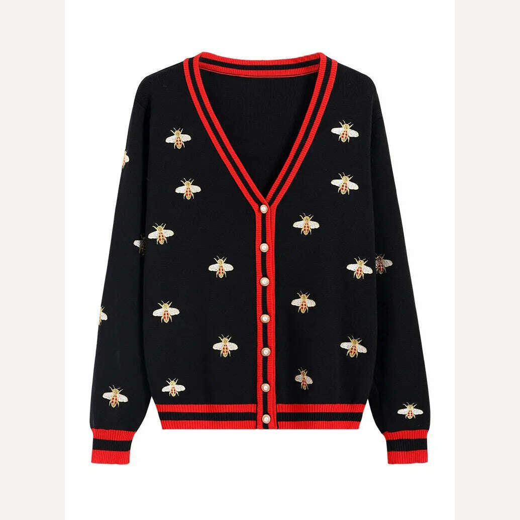 KIMLUD, High Quality Fashion Designer Bee Embroidery Cardigan Long Sleeve Single Breasted Contrast Color Button Knitted Sweaters C-068, KIMLUD Womens ClothesKIMLUD, High Quality Fashion Designer Bee Embroidery Cardigan Long Sleeve Single Breasted Contrast Color Button Knitted Sweaters C-068, Black / S, KIMLUD APPAREL - Womens Clothes