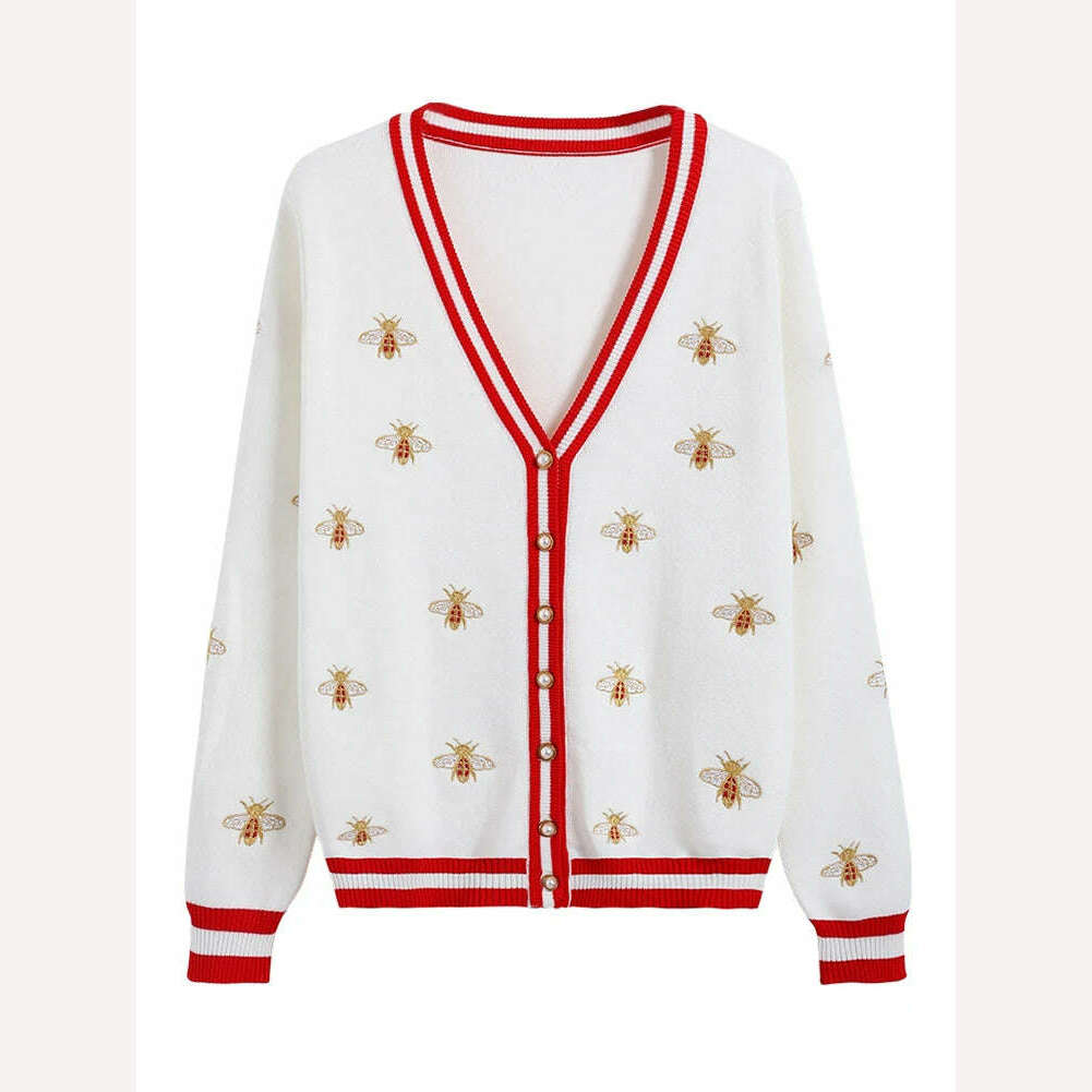 KIMLUD, High Quality Fashion Designer Bee Embroidery Cardigan Long Sleeve Single Breasted Contrast Color Button Knitted Sweaters C-068, KIMLUD Womens ClothesKIMLUD, High Quality Fashion Designer Bee Embroidery Cardigan Long Sleeve Single Breasted Contrast Color Button Knitted Sweaters C-068, White / S, KIMLUD APPAREL - Womens Clothes
