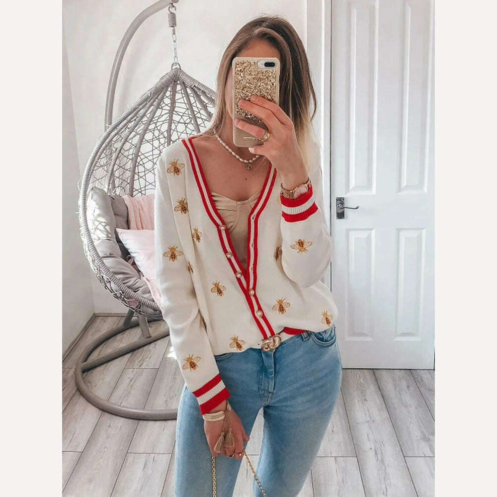 KIMLUD, High Quality Fashion Designer Bee Embroidery Cardigan Long Sleeve Single Breasted Contrast Color Button Knitted Sweaters C-068, KIMLUD Womens Clothes