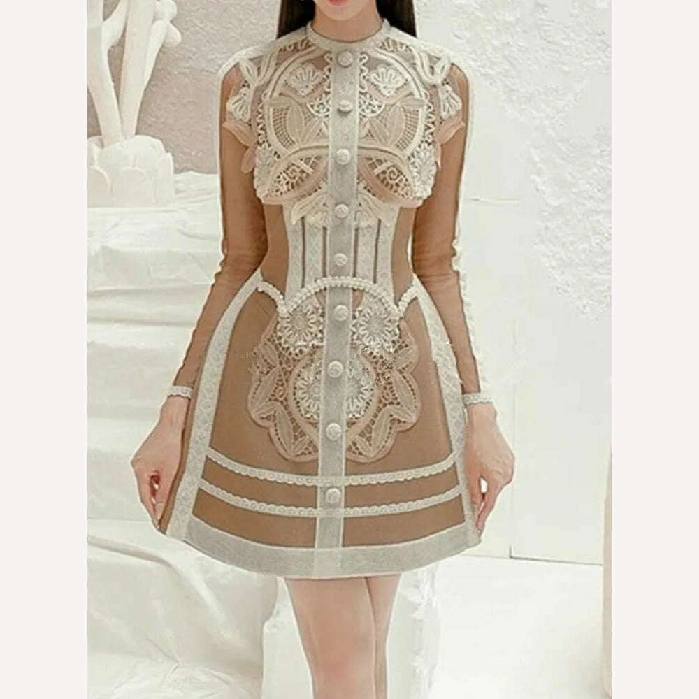 KIMLUD, High-Quality Fashion Luxury Design Runway Dress Women's Mesh Long Sleeve Elegant Vintage Lace Patchwork Dresses Vestidos, KIMLUD Womens Clothes