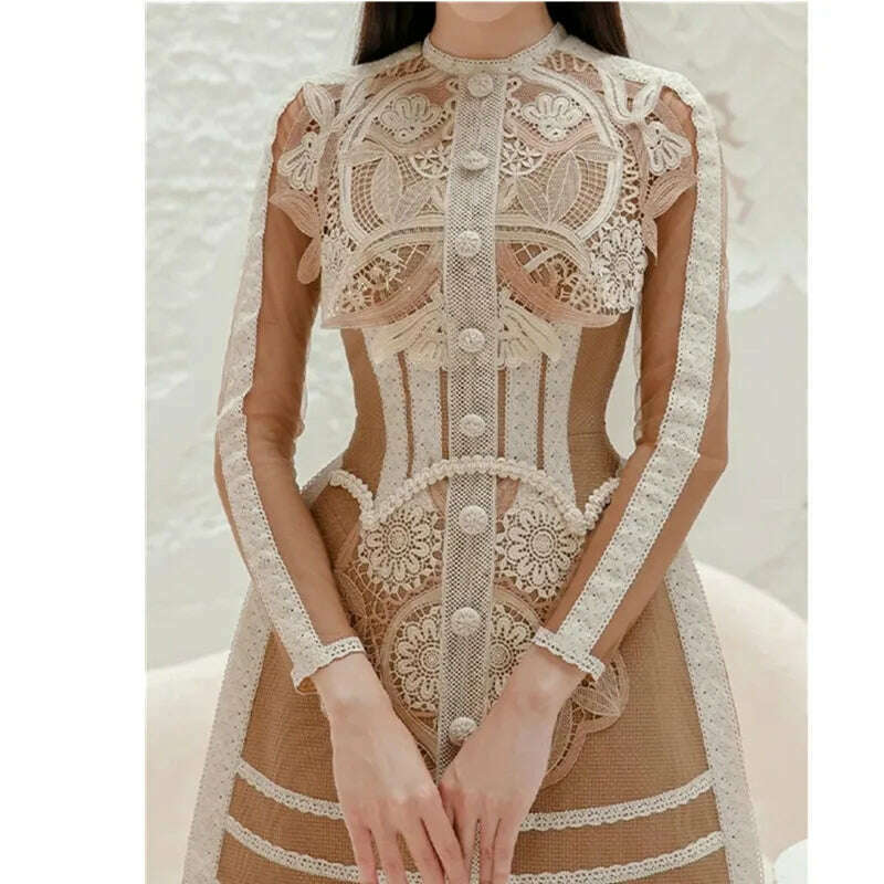 KIMLUD, High-Quality Fashion Luxury Design Runway Dress Women's Mesh Long Sleeve Elegant Vintage Lace Patchwork Dresses Vestidos, Picture color / S, KIMLUD APPAREL - Womens Clothes