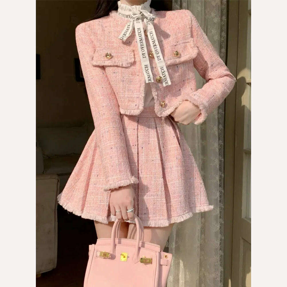 KIMLUD, High Quality Fashion Tassel Design Small Fragrance 2 Piece Sets Women Outfit Long Sleeve Short Jacket Coat + Pleated Skirt Suits, Pink / S, KIMLUD Womens Clothes