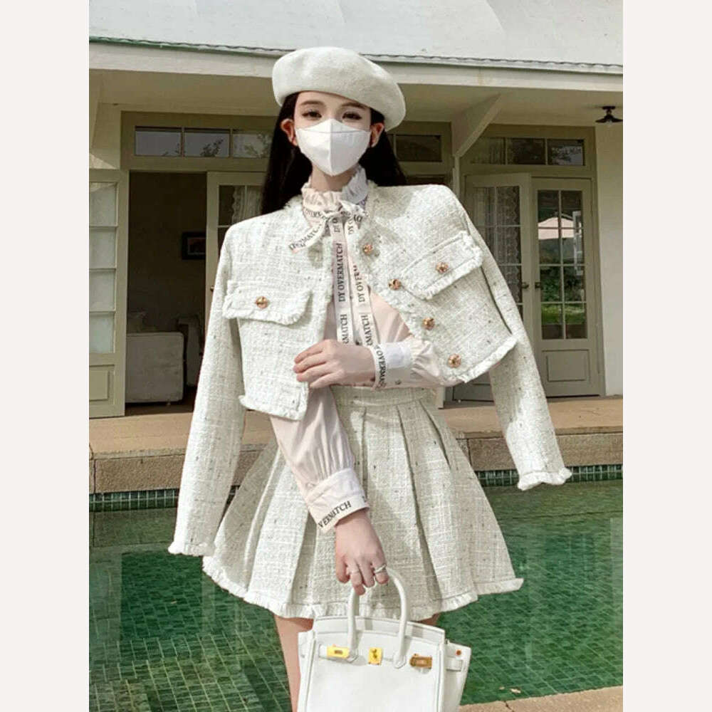 KIMLUD, High Quality Fashion Tassel Design Small Fragrance 2 Piece Sets Women Outfit Long Sleeve Short Jacket Coat + Pleated Skirt Suits, White / S, KIMLUD Womens Clothes
