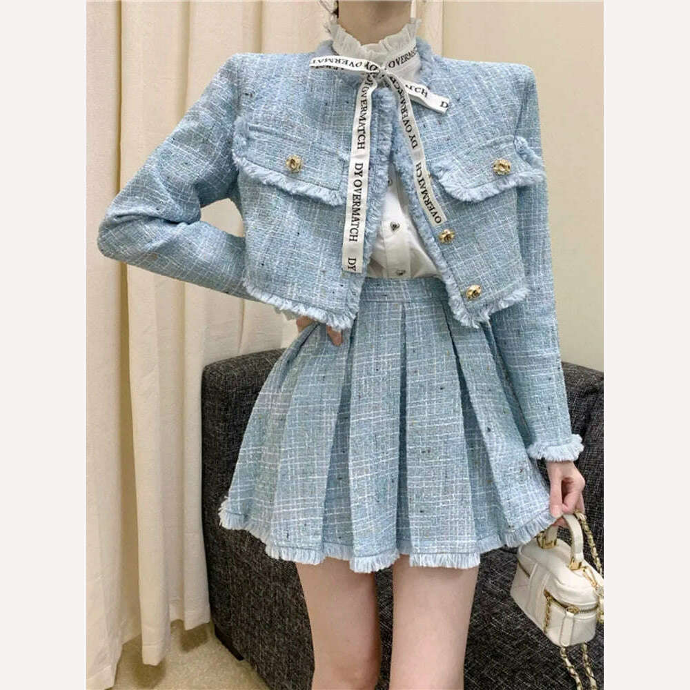 KIMLUD, High Quality Fashion Tassel Design Small Fragrance 2 Piece Sets Women Outfit Long Sleeve Short Jacket Coat + Pleated Skirt Suits, KIMLUD Womens Clothes