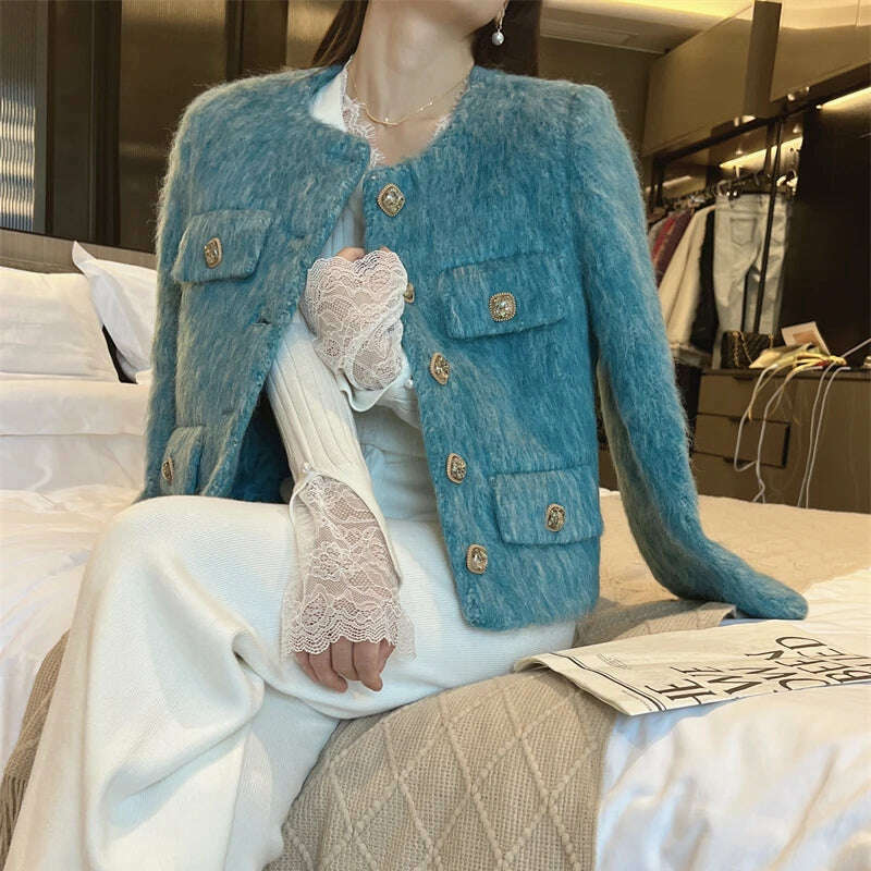 KIMLUD, High Quality Luxury Blue Woolen Jacket Coat 2023 New Autumn Winter Women O Neck Single Breasted Thick Warm Short Outwear Fashion, KIMLUD Womens Clothes
