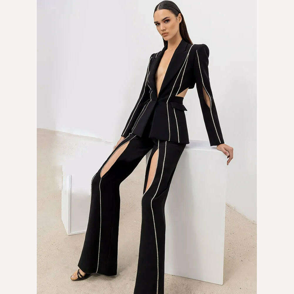 KIMLUD, HIGH QUALITY New Fashion 2023 Designer Suit Set Women's Single Button Hollow Out Diamonds Beaded Blazer Flare Pants Set, Black / S, KIMLUD APPAREL - Womens Clothes