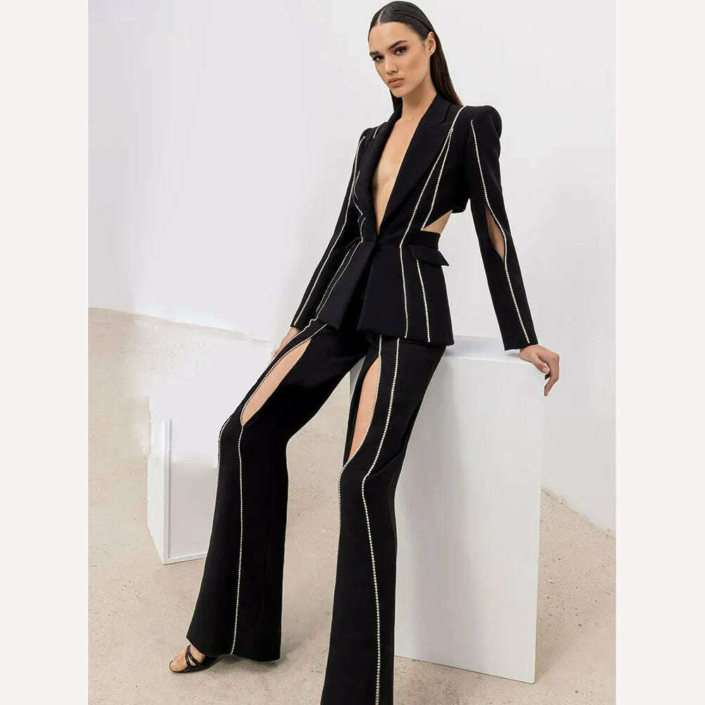 KIMLUD, HIGH QUALITY New Fashion 2023 Designer Suit Set Women's Single Button Hollow Out Diamonds Beaded Blazer Flare Pants Set, Black / S, KIMLUD Womens Clothes