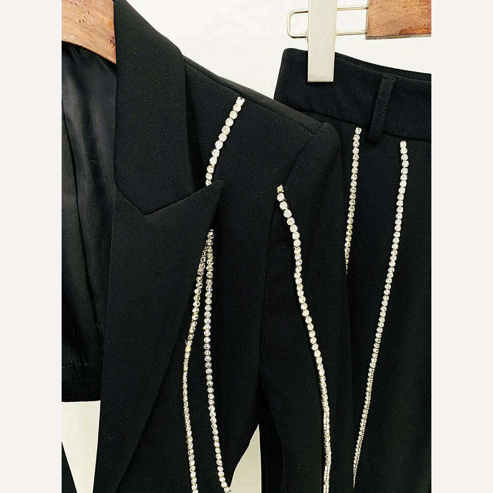 KIMLUD, HIGH QUALITY New Fashion 2023 Designer Suit Set Women's Single Button Hollow Out Diamonds Beaded Blazer Flare Pants Set, KIMLUD Womens Clothes