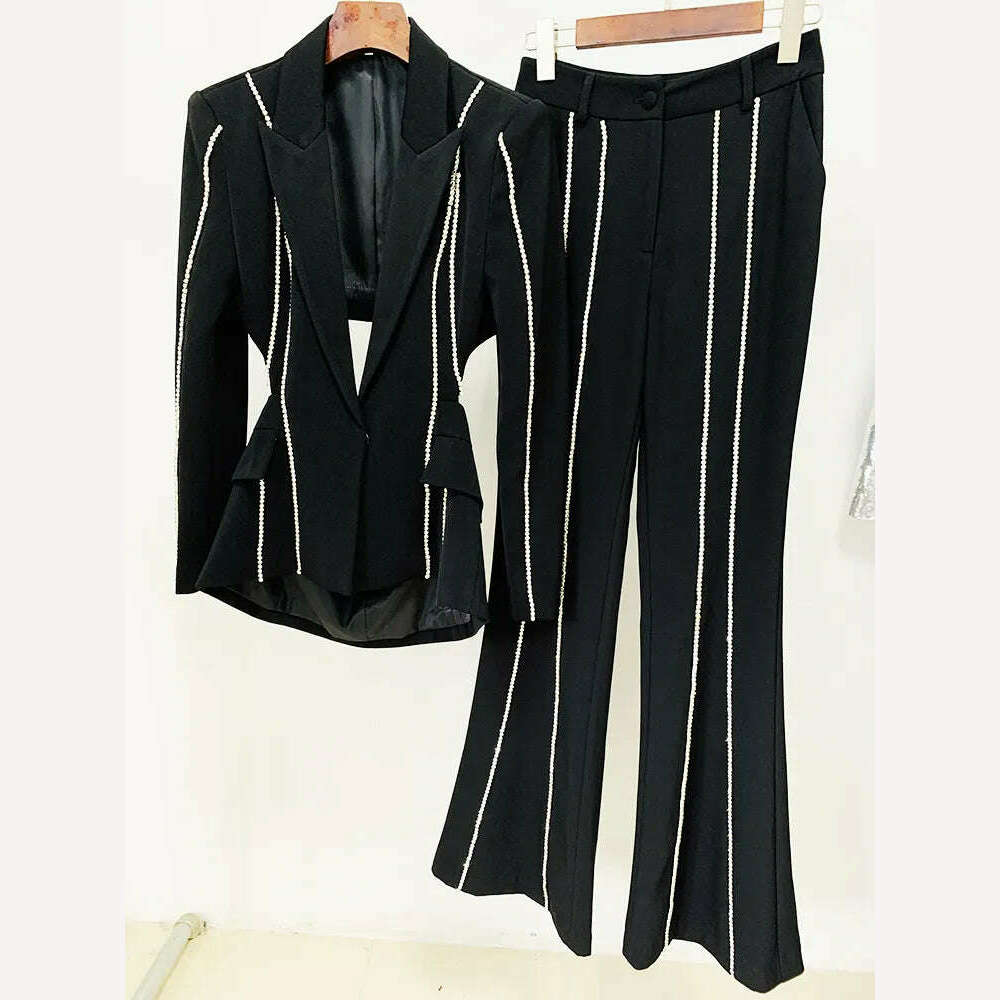KIMLUD, HIGH QUALITY New Fashion 2023 Designer Suit Set Women's Single Button Hollow Out Diamonds Beaded Blazer Flare Pants Set, KIMLUD Womens Clothes