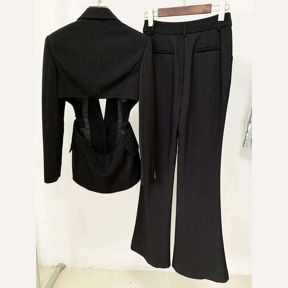 KIMLUD, HIGH QUALITY New Fashion 2023 Designer Suit Set Women's Single Button Hollow Out Diamonds Beaded Blazer Flare Pants Set, KIMLUD Womens Clothes