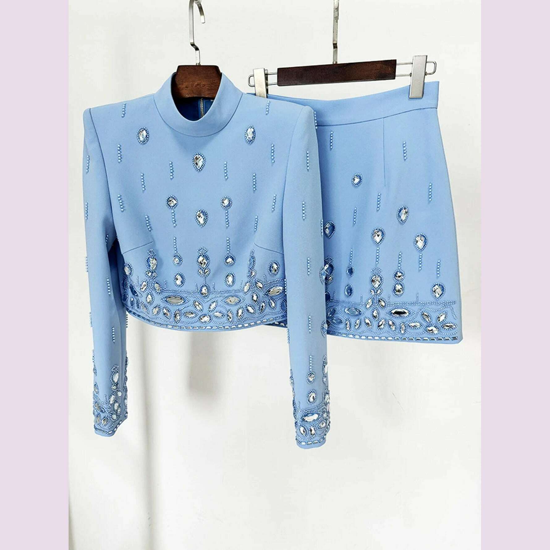 KIMLUD, High Quality New Fashion Women's Heavy Industry Crystal Beads Slim Fit Yellow Set Sexy Short Top+Dress Party 2 Two Piece Set, KIMLUD Womens Clothes