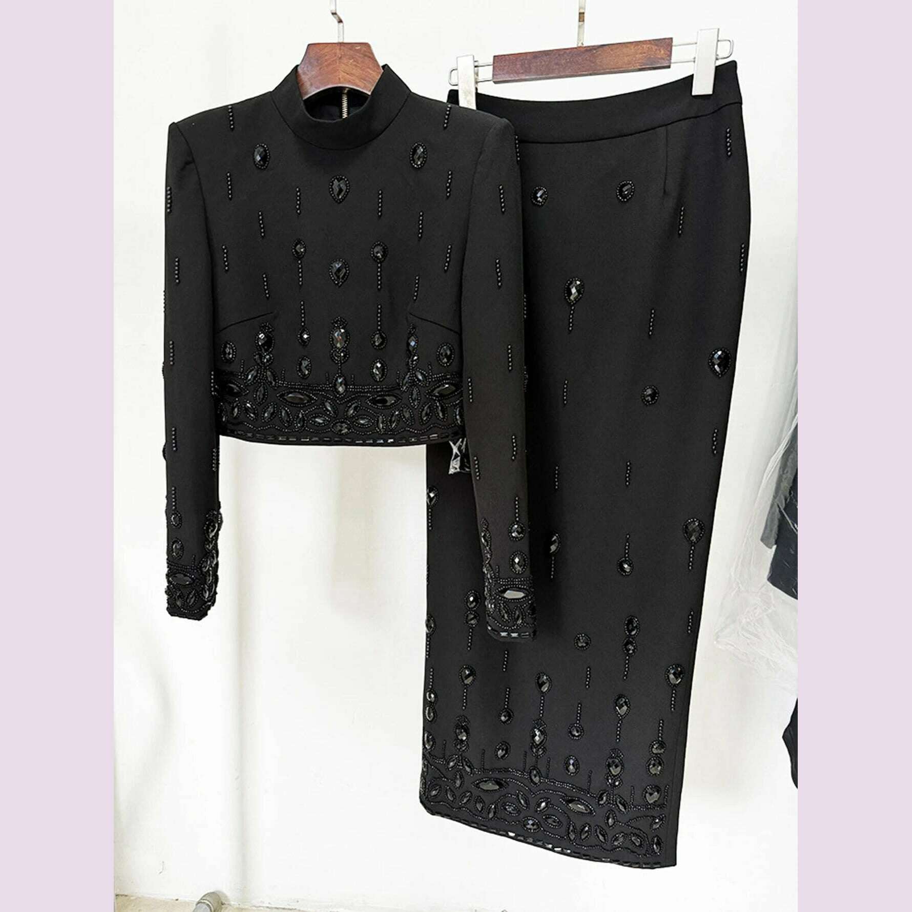 KIMLUD, High Quality New Fashion Women's Heavy Industry Crystal Beads Slim Fit Yellow Set Sexy Short Top+Dress Party 2 Two Piece Set, KIMLUD Womens Clothes