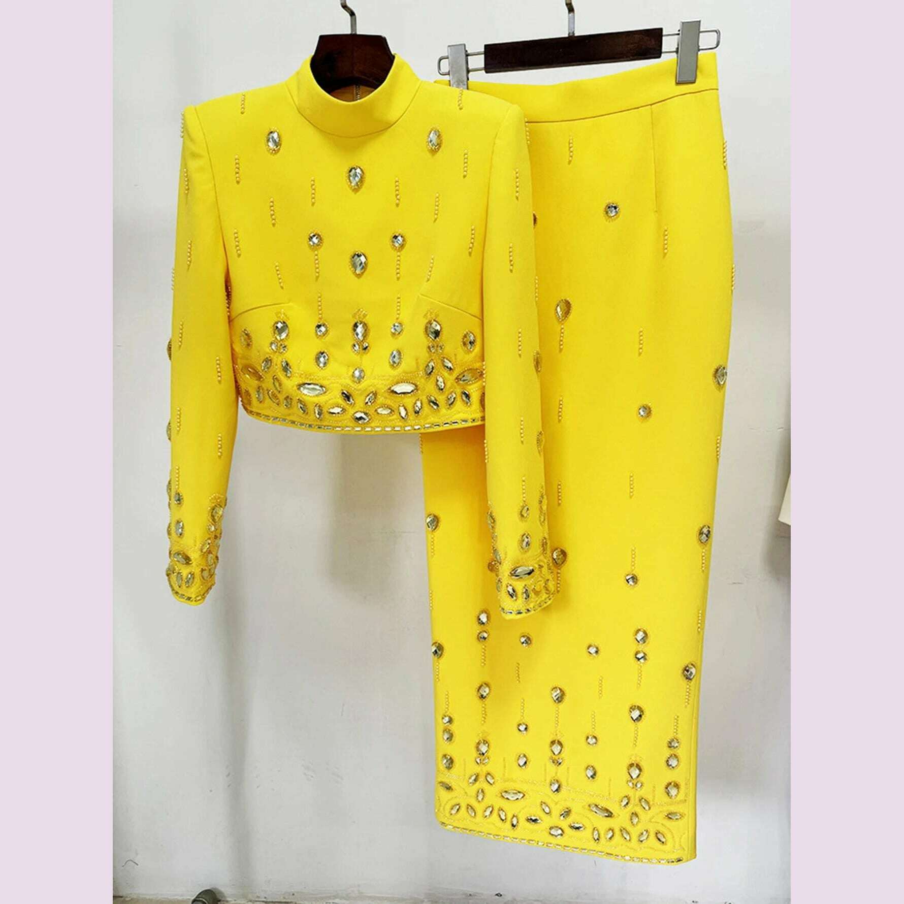 KIMLUD, High Quality New Fashion Women's Heavy Industry Crystal Beads Slim Fit Yellow Set Sexy Short Top+Dress Party 2 Two Piece Set, KIMLUD Womens Clothes