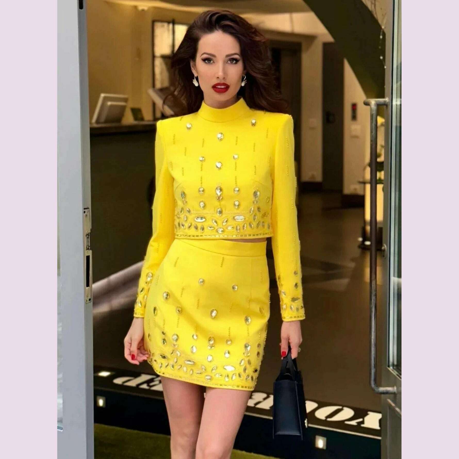 KIMLUD, High Quality New Fashion Women's Heavy Industry Crystal Beads Slim Fit Yellow Set Sexy Short Top+Dress Party 2 Two Piece Set, KIMLUD Womens Clothes