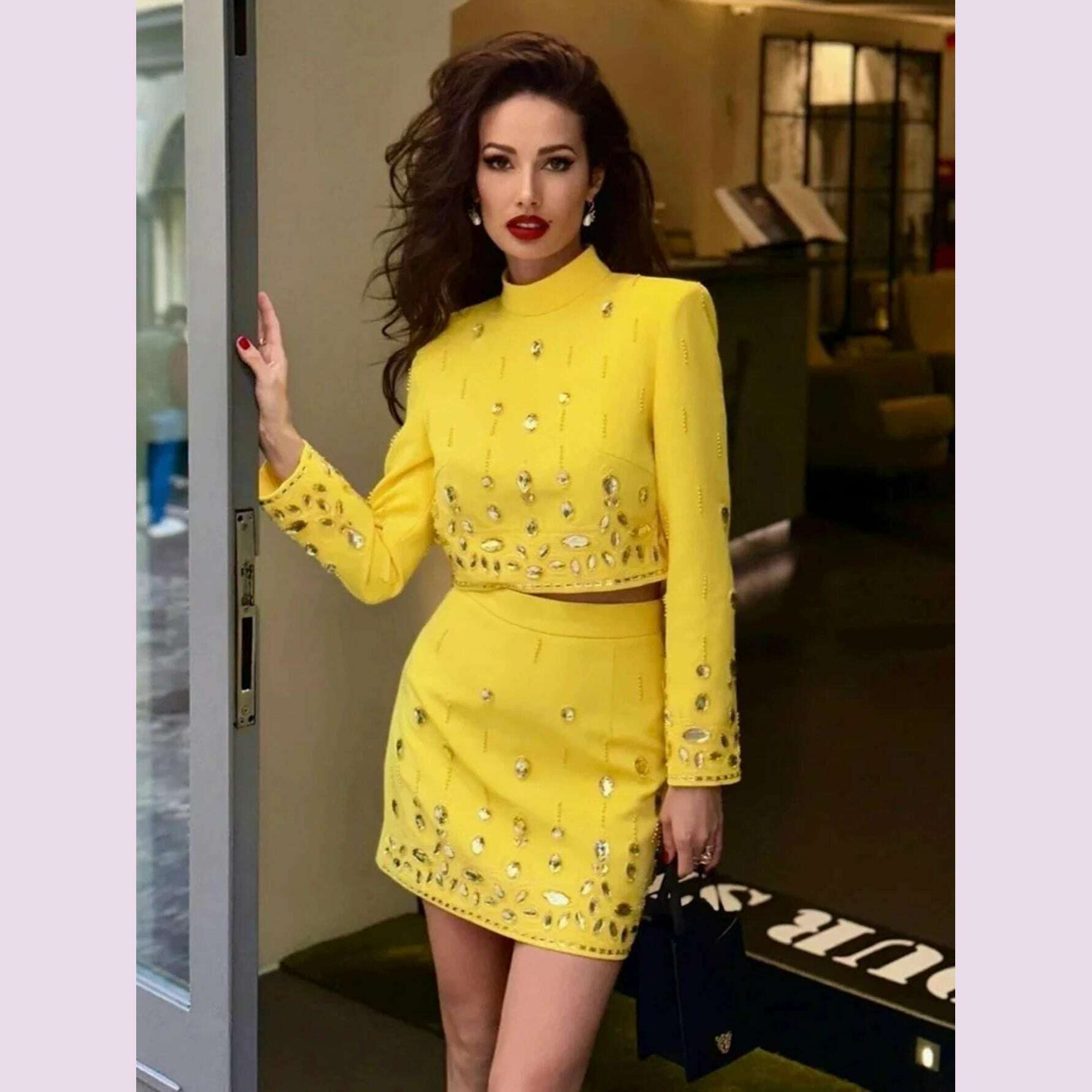 KIMLUD, High Quality New Fashion Women's Heavy Industry Crystal Beads Slim Fit Yellow Set Sexy Short Top+Dress Party 2 Two Piece Set, KIMLUD Womens Clothes