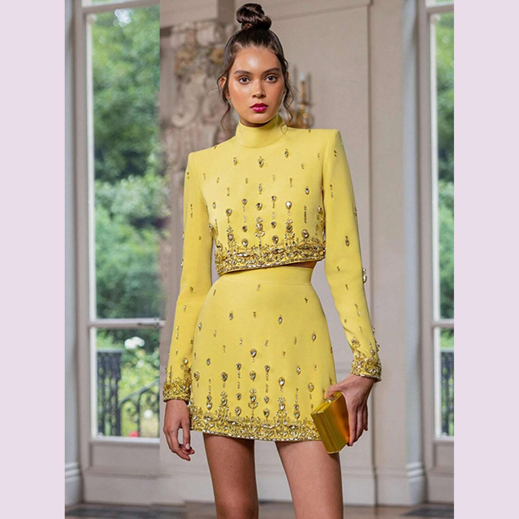 KIMLUD, High Quality New Fashion Women's Heavy Industry Crystal Beads Slim Fit Yellow Set Sexy Short Top+Dress Party 2 Two Piece Set, KIMLUD Womens Clothes