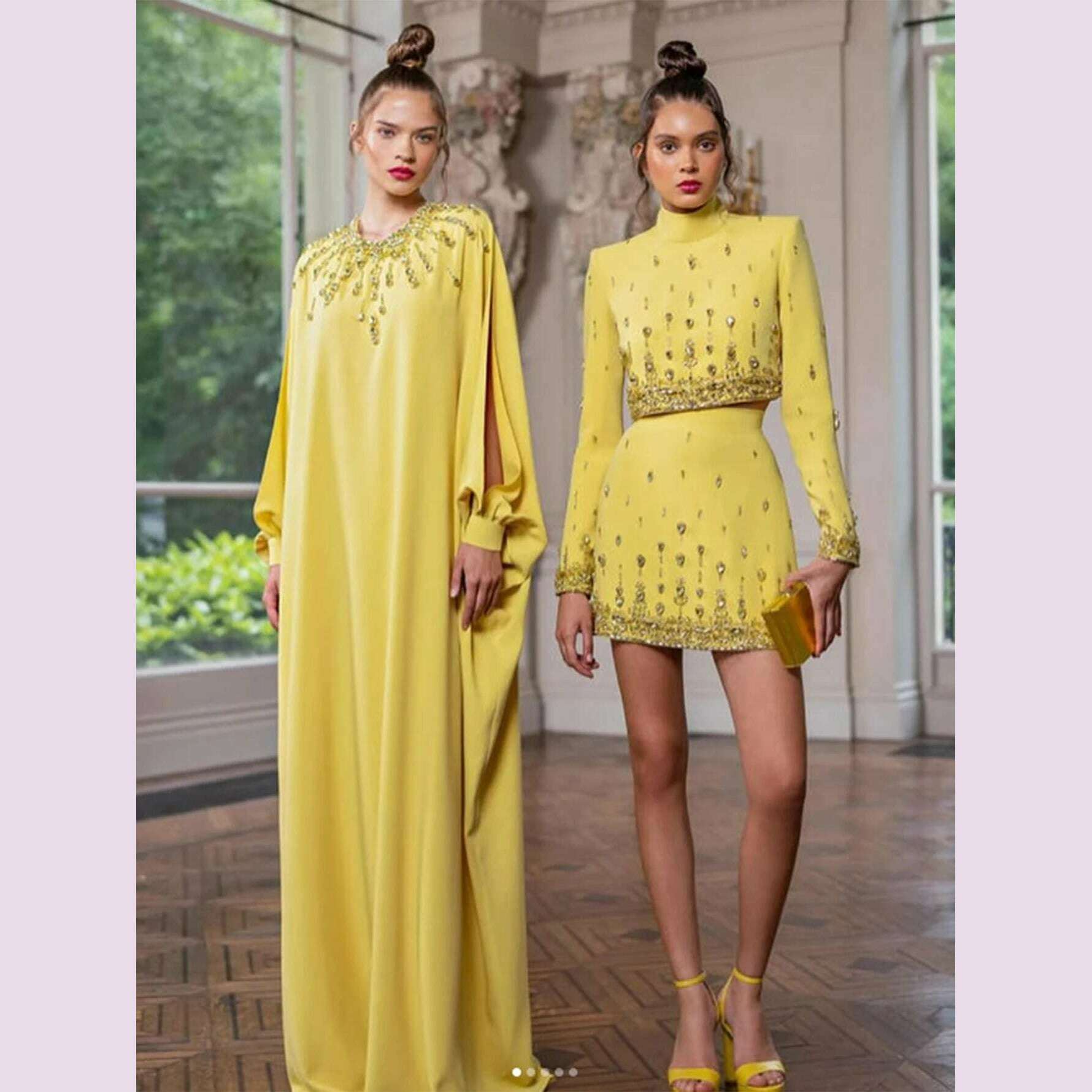 KIMLUD, High Quality New Fashion Women's Heavy Industry Crystal Beads Slim Fit Yellow Set Sexy Short Top+Dress Party 2 Two Piece Set, KIMLUD Womens Clothes