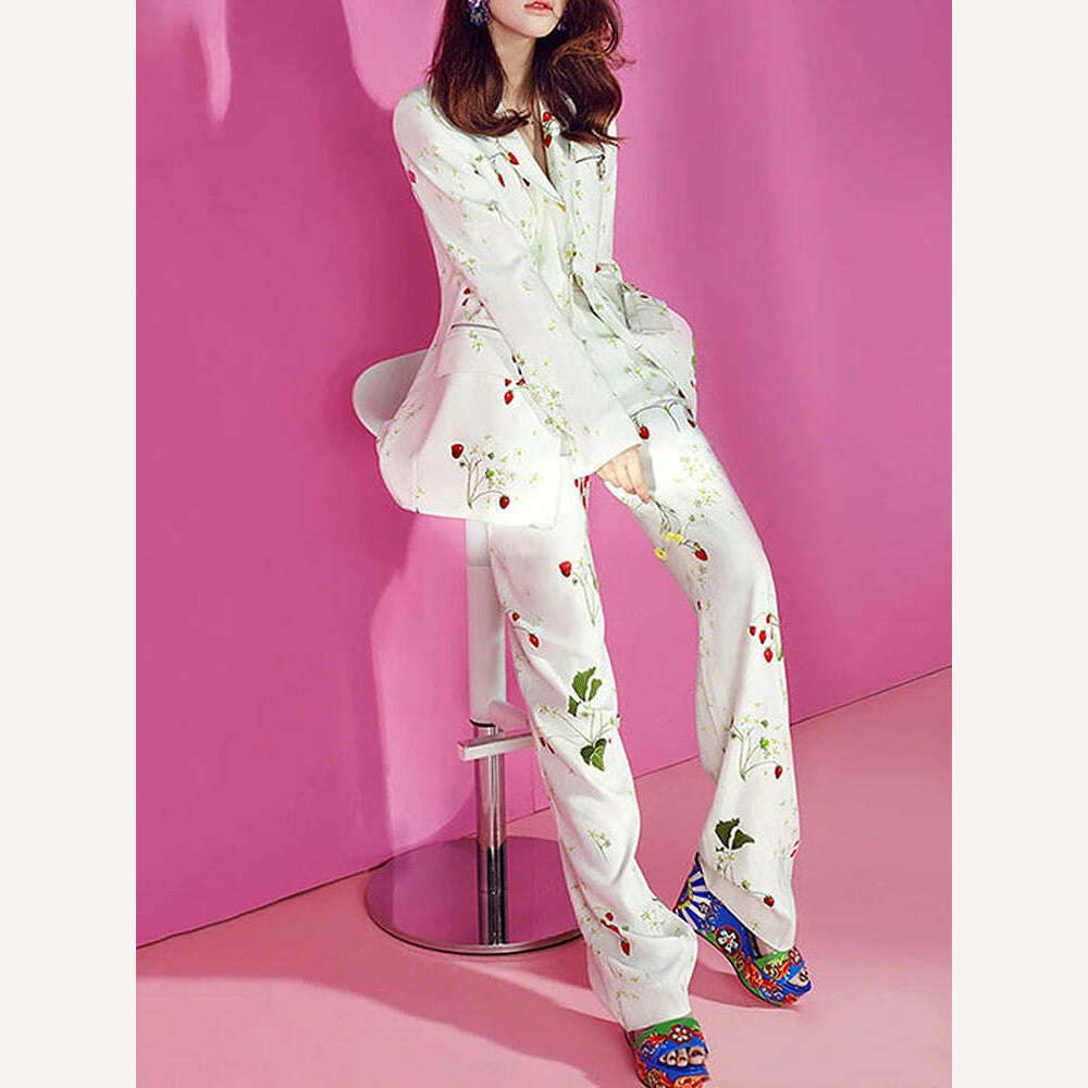 KIMLUD, HIGH QUALITY Newest 2024 Designer Runway Suit Set Women's Single Button Strawberry Floral Printed Blazer Pants Suit 2pcs, KIMLUD Womens Clothes