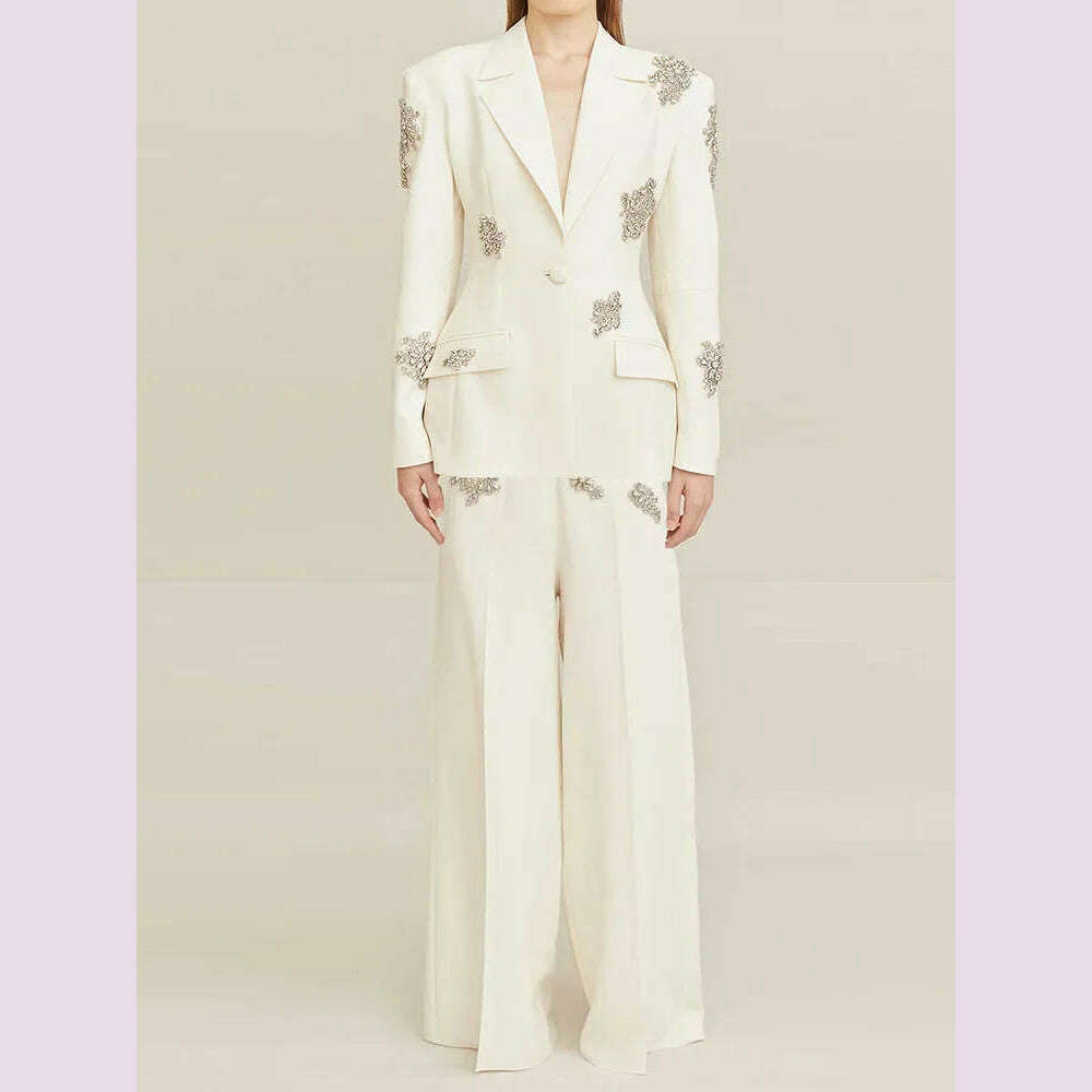 KIMLUD, HIGH QUALITY Newest 2024 Designer Suit Women Beaded Diamonds Single Button Suit Blazer Wide-leg Pants Set 2PCS, WHITE / XXL, KIMLUD APPAREL - Womens Clothes