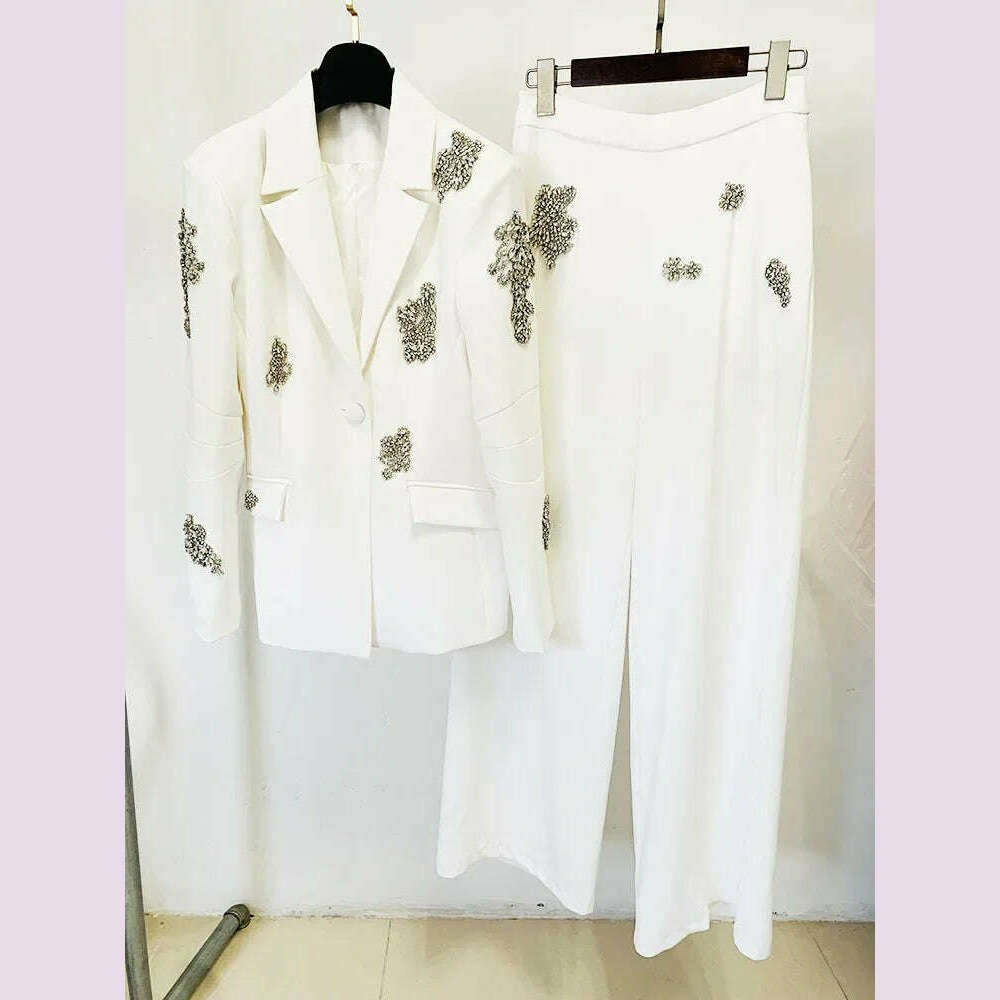 KIMLUD, HIGH QUALITY Newest 2024 Designer Suit Women Beaded Diamonds Single Button Suit Blazer Wide-leg Pants Set 2PCS, KIMLUD Womens Clothes