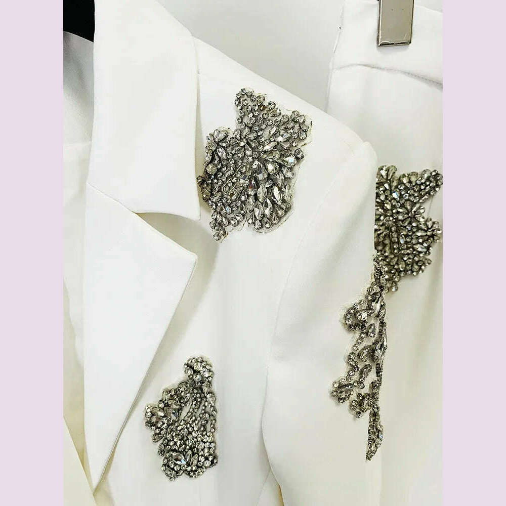 KIMLUD, HIGH QUALITY Newest 2024 Designer Suit Women Beaded Diamonds Single Button Suit Blazer Wide-leg Pants Set 2PCS, KIMLUD Womens Clothes