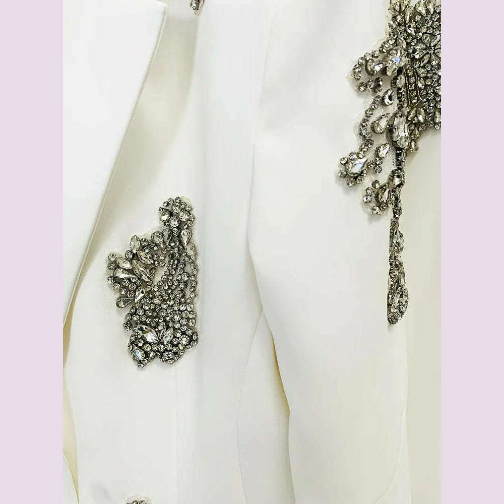 KIMLUD, HIGH QUALITY Newest 2024 Designer Suit Women Beaded Diamonds Single Button Suit Blazer Wide-leg Pants Set 2PCS, KIMLUD Womens Clothes