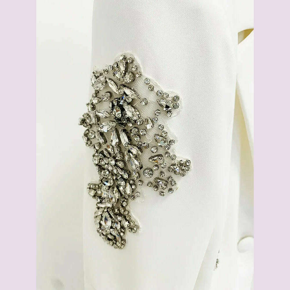 KIMLUD, HIGH QUALITY Newest 2024 Designer Suit Women Beaded Diamonds Single Button Suit Blazer Wide-leg Pants Set 2PCS, KIMLUD Womens Clothes