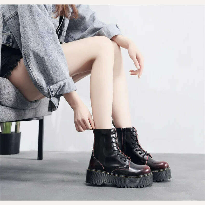 KIMLUD, High Quality Platform Boots Women Shoes Autumn Winter Lace-up Zipper Black Ankle Boots Punk Shoes Thick Bottom Motorcycle Boots, KIMLUD Womens Clothes