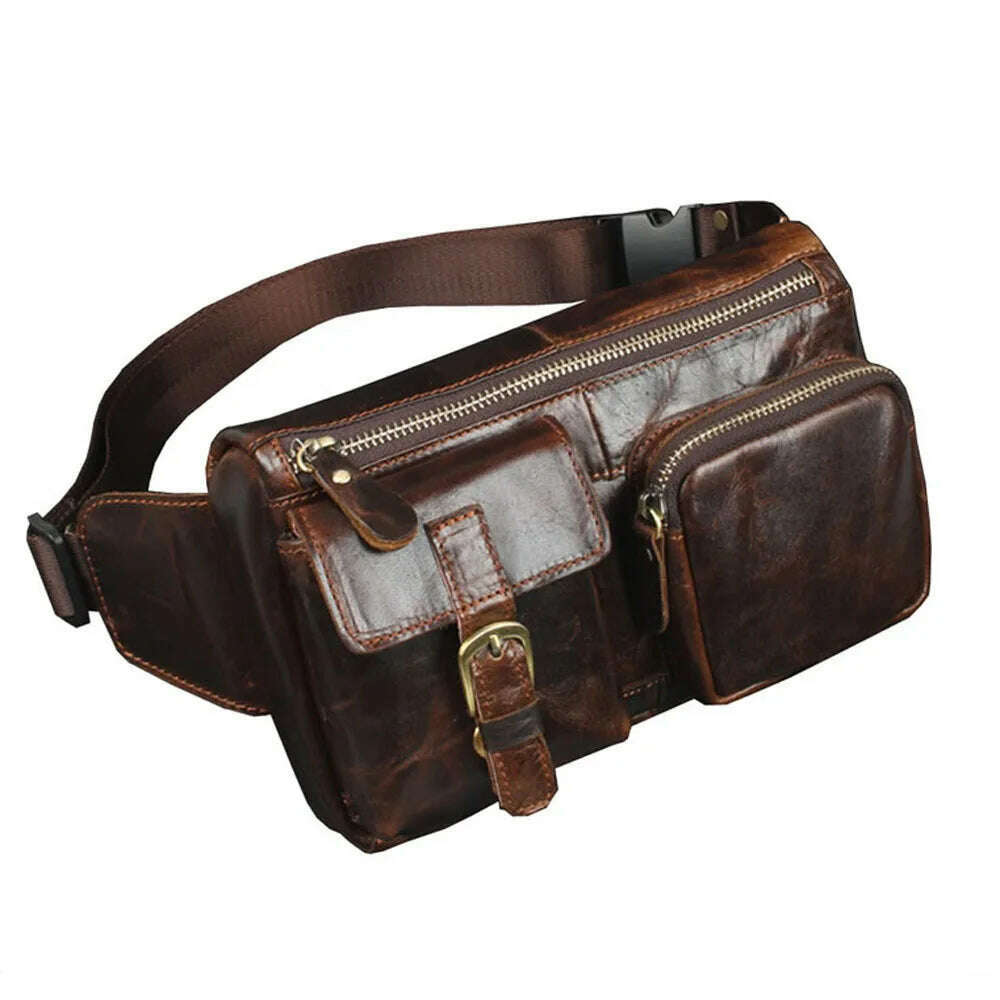 KIMLUD, High Quality Real Cowhide Hip Fanny Belt Pack Pouch Single Shoulder Cross Body Bags Men Genuine Leather Bum Waist Chest Bags, Brown, KIMLUD APPAREL - Womens Clothes