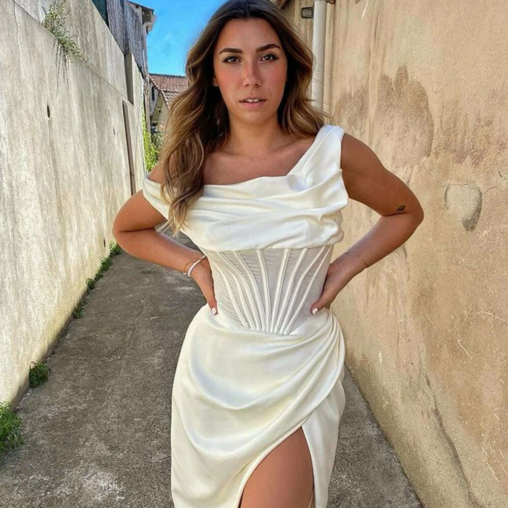 High Quality Satin Bodycon Dress Elegant Women Party Dress 2021 Red Off The Shoulder Sexy Dress Celebrity Evening Night Dresses - KIMLUD