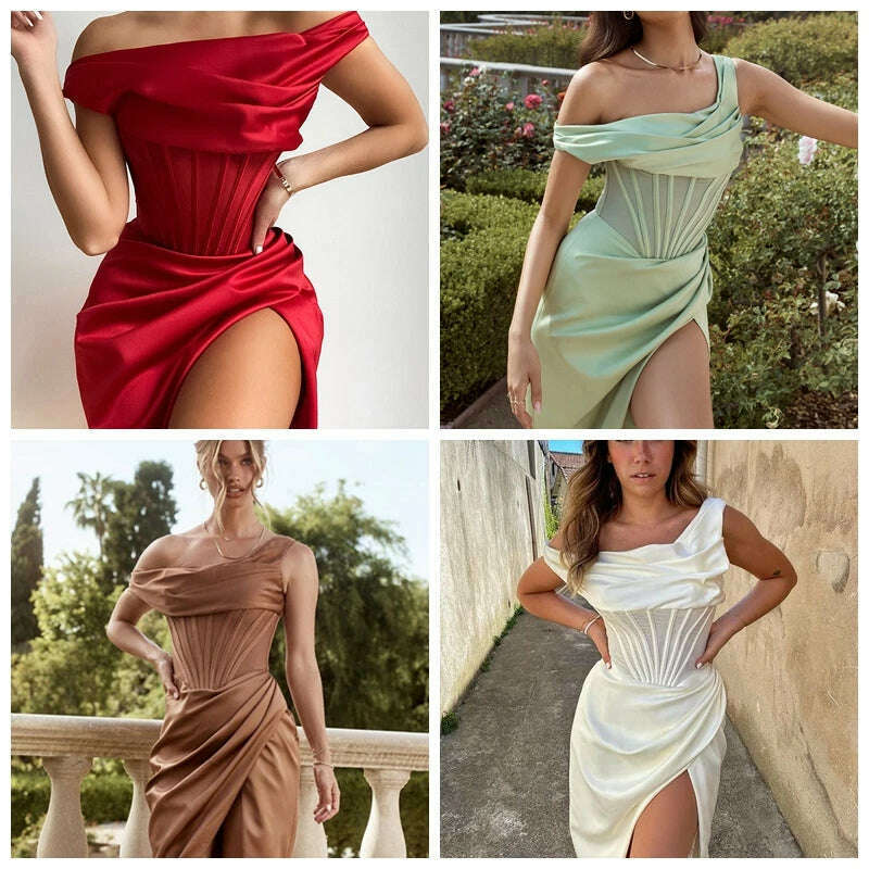 High Quality Satin Bodycon Dress Elegant Women Party Dress 2021 Red Off The Shoulder Sexy Dress Celebrity Evening Night Dresses - KIMLUD